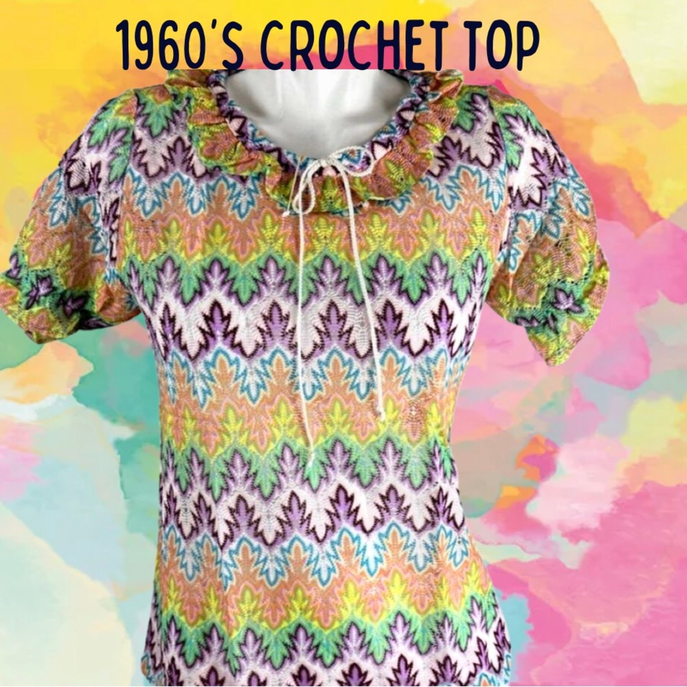 *Vintage 60’s 70’s- crochet knit chevron sweater- ruffled neckline
